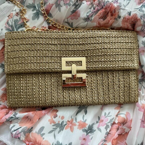 Neiman Marcus Woven Khaki Straw Clutch Crossbody Bag - Picture 4 of 5